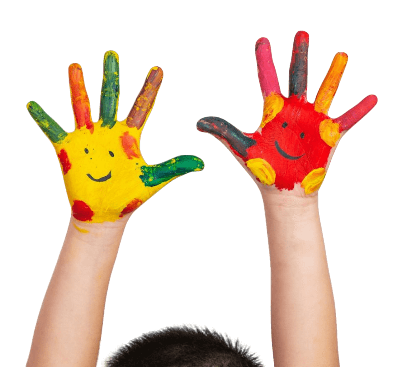 A white background featuring a child's two hands raised high. The palms and fingers are completely covered in bright paint (red, yellow, green, orange, blue) with black smiley faces drawn on the center of the palms.